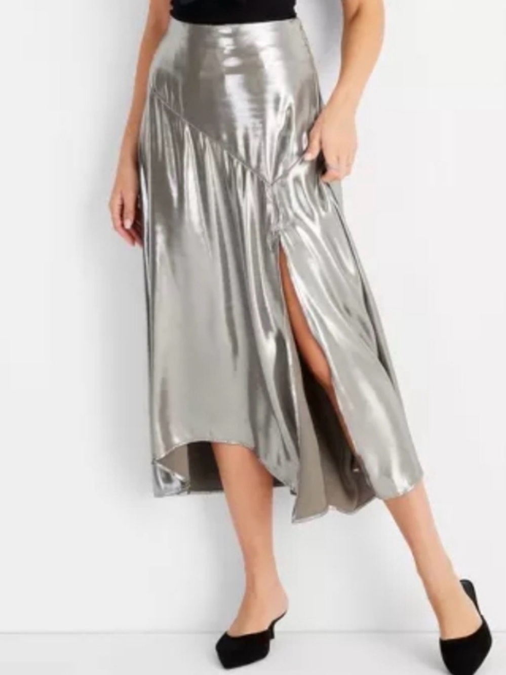 Future Collective Silver High-Low Metallic Skirt with Slit - S